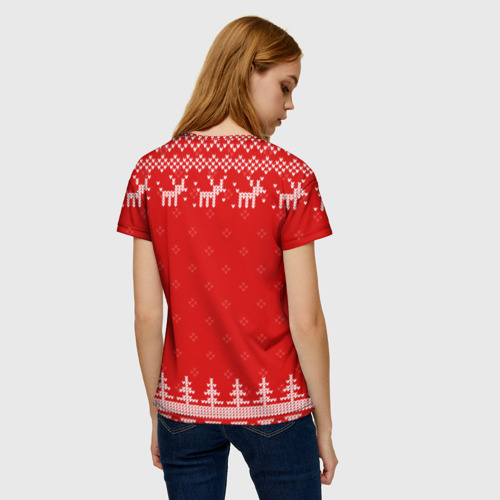 Женская футболка 3D с принтом Новогодний строитель: свитер с оленями, вид сзади #2