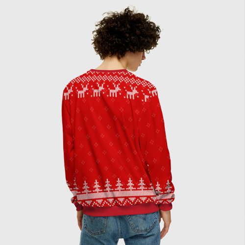 Мужской свитшот 3D с принтом Новогодний строитель: свитер с оленями, вид сзади #2