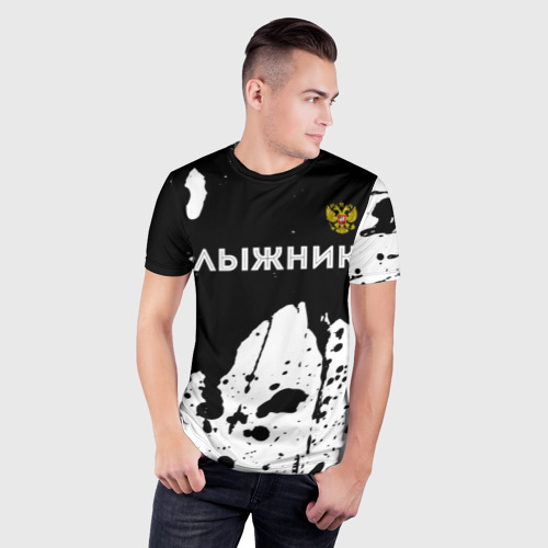 Мужская футболка 3D Slim с принтом Лыжник из России и герб РФ: символ сверху, фото на моделе #1