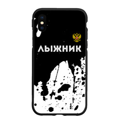 Чехол для iPhone XS Max матовый Лыжник из России и герб РФ: символ сверху