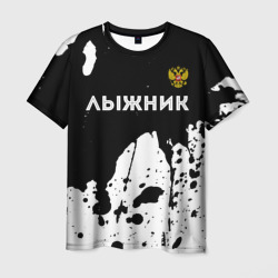 Мужская футболка 3D Лыжник из России и герб РФ: символ сверху