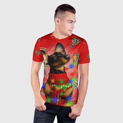 Мужская футболка 3D Slim Новогодняя такса на красном фоне с ёлками - фото 2