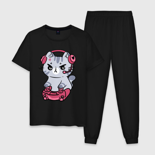 Мужская пижама хлопок Котёнок заядлый игроман, цвет черный