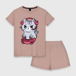 Женская пижама с шортиками хлопок Котёнок заядлый игроман