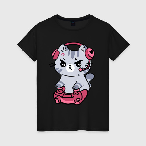 Женская футболка хлопок Котёнок заядлый игроман, цвет черный