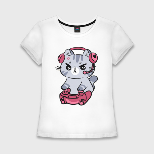 Женская футболка хлопок Slim Котёнок заядлый игроман, цвет белый
