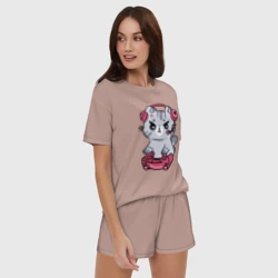 Женская пижама с шортиками хлопок Котёнок заядлый игроман - фото 2