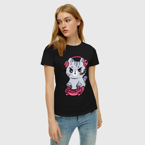 Женская футболка хлопок Котёнок заядлый игроман, цвет черный - фото 3