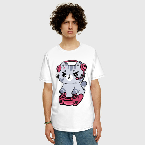 Мужская футболка хлопок Oversize Котёнок заядлый игроман, цвет белый - фото 3