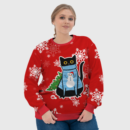 Женский свитшот 3D с принтом Котик в свитере с ёлочкой, фото #4