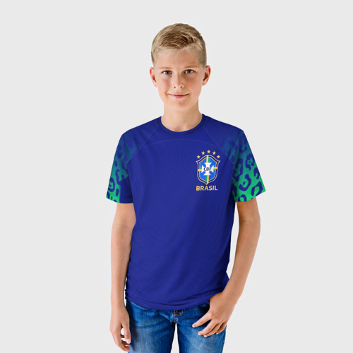 Детская футболка 3D с принтом Форма сборной Бразилии ЧМ 2022 гостевая, фото на моделе #1