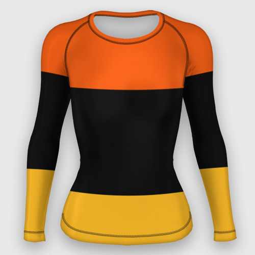 Женский рашгард 3D с принтом Полосатый оранжевый с черной и белой полосой, вид спереди #2