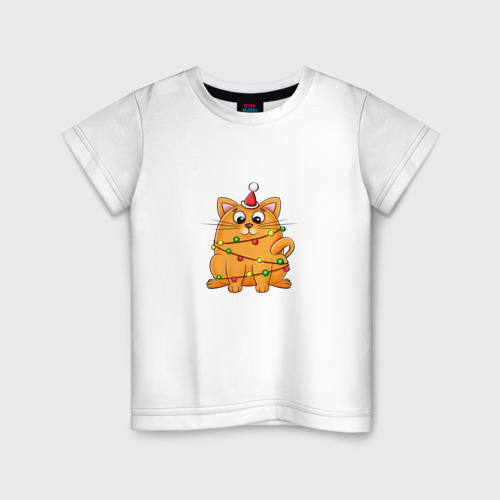 Детская футболка из хлопка с принтом Рыжий Новогодний кот, вид спереди №1