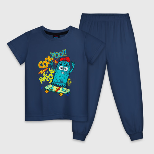 Детская пижама хлопок с принтом Монстр на скейте, вид спереди #2