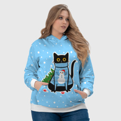 Толстовка с принтом Котик в свитере под снегопадом - синий для женщины, вид на модели спереди №4. Цвет основы: белый