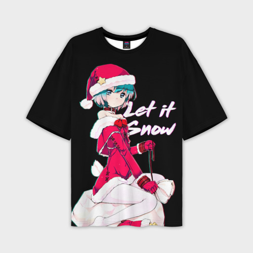 Мужская футболка оверсайз с принтом Новогодняя аниме девочка Аянами - Let it snow, вид спереди №1
