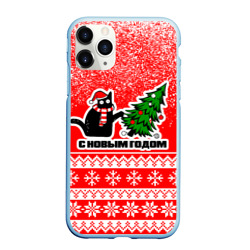 Чехол для iPhone 11 Pro Max матовый С новым годом - котик и ёлка