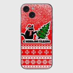 Чехол для iPhone 15 силиконовый с защитой камеры С новым годом - котик и ёлка