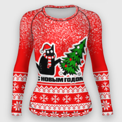 Женский рашгард 3D С новым годом - котик и ёлка