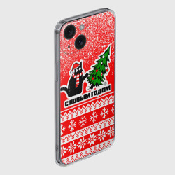 Чехол для iPhone 15 силиконовый с защитой камеры С новым годом - котик и ёлка - фото 2