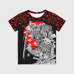 Детская футболка 3D Самурай и сакура на черном фоне