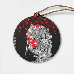 Деревянная игрушка круг Самурай и сакура на черном фоне