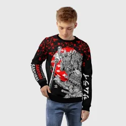 Детский свитшот 3D Самурай и сакура на черном фоне - фото 2