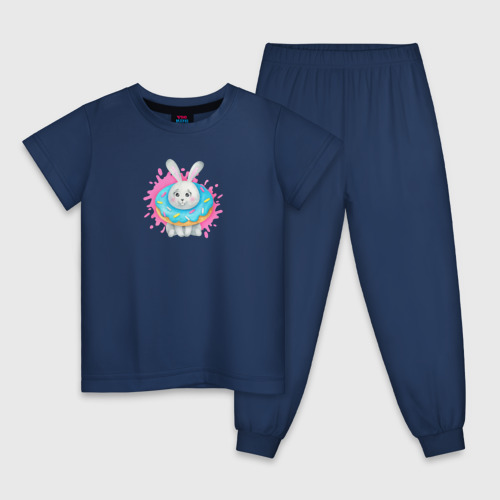 Детская пижама хлопок с принтом Серый кролик с голубым пончиком, вид спереди #2