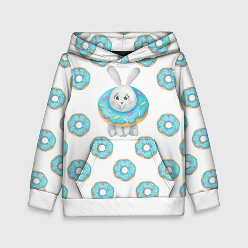 Детская толстовка 3D Паттерн с зайцем и голубыми пончиками, цвет белый