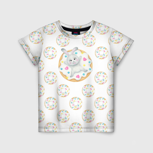 Детская футболка 3D Кролик сладкоежка с белыми пончиками, цвет 3D печать