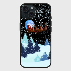 Чехол силиконовый для Apple iPhone 15 матовый Санта на оленях в ночном небе