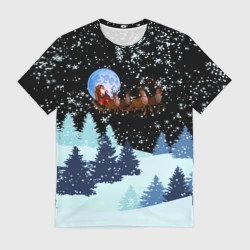 Мужская футболка 3D Санта на оленях в ночном небе