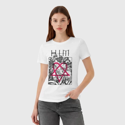 Женская футболка хлопок с принтом HIM Uneasy Listening Vol 1, фото на моделе #1