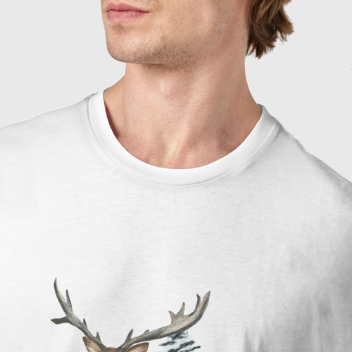 Мужская футболка хлопок с принтом Олень зимой в лесу, фото #4