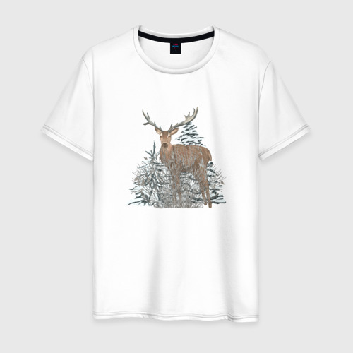 Мужская футболка хлопок с принтом Олень зимой в лесу, вид спереди #2