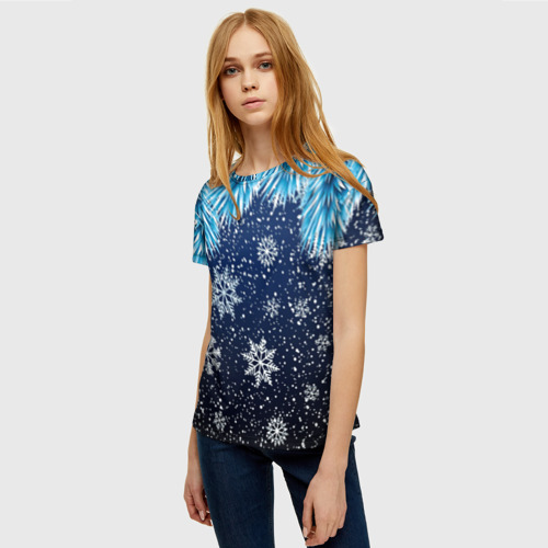 Женская футболка 3D с принтом Night snowflakes, фото на моделе #1