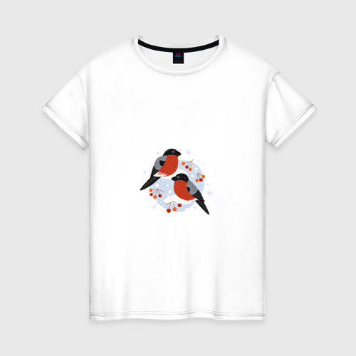 Женская футболка из хлопка с принтом Два снегиря, вид спереди №1
