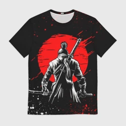 Мужская футболка 3D Самурай - красное солнце