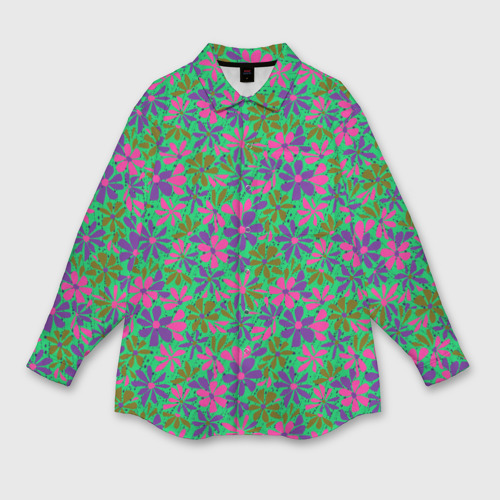 Женская рубашка oversize 3D с принтом Яркий неоновый цветочный узор, вид спереди #2