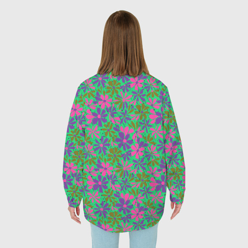 Женская рубашка oversize 3D с принтом Яркий неоновый цветочный узор, вид сзади #2