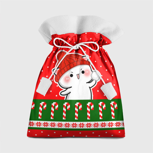 Подарочный мешок с принтом Белый котик - играет в снежки, вид спереди №1