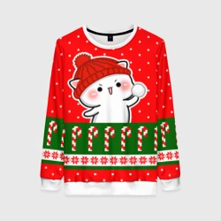 Женский свитшот 3D Белый котик - играет в снежки