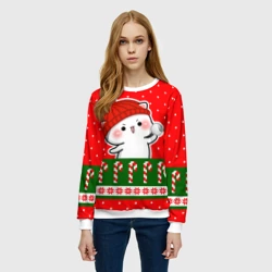 Женский свитшот 3D Белый котик - играет в снежки - фото 2