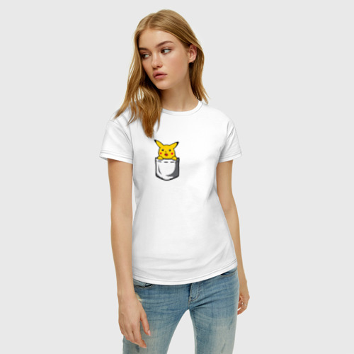 Женская футболка хлопок Пикачу в кармане арт, цвет белый - фото 3