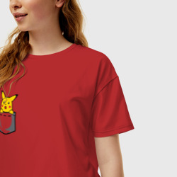 Женская футболка хлопок Oversize Пикачу в кармане арт - фото 2