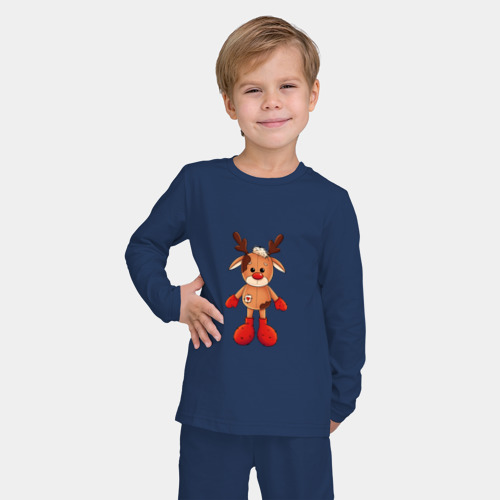 Детская пижама с лонгсливом хлопок с принтом Новогодний олень мягкая игрушка, фото на моделе #1