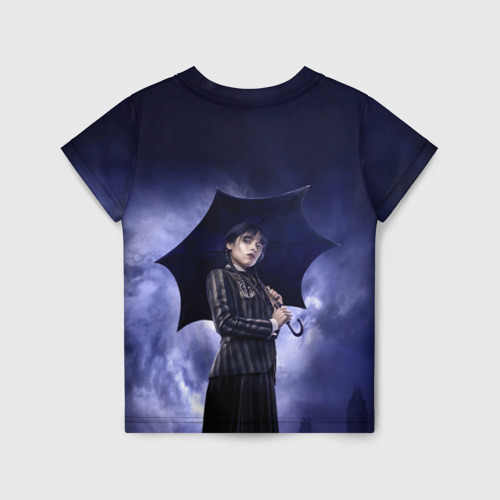 Детская футболка 3D с принтом Уэнсдэй Аддамс с зонтиком, вид сзади #1