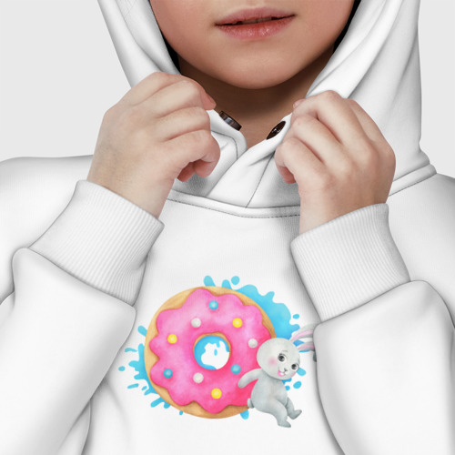 Детское худи Oversize хлопок Серый зайчик розовым пончиком, цвет белый - фото 7