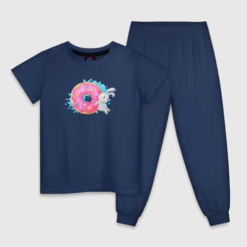 Детская пижама хлопок с принтом Серый зайчик розовым пончиком, вид спереди #2
