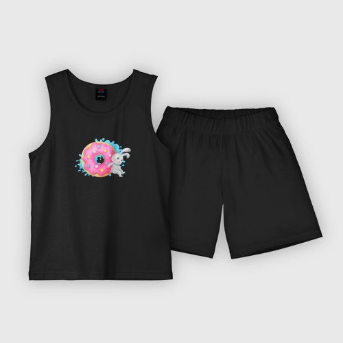 Детская пижама с шортами хлопок Серый зайчик розовым пончиком, цвет черный